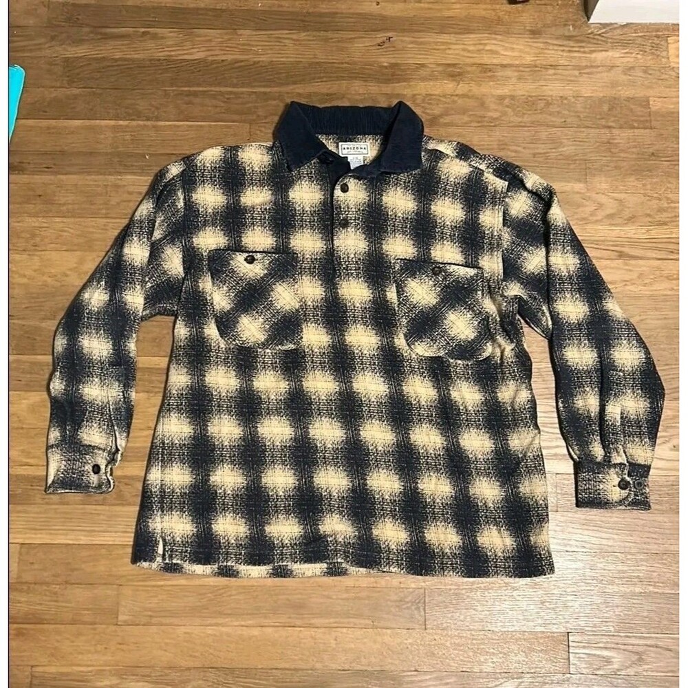Vintage 90s Arizona Flannel Shirt Large Navy Buffalo Plaid Corduroy Henley